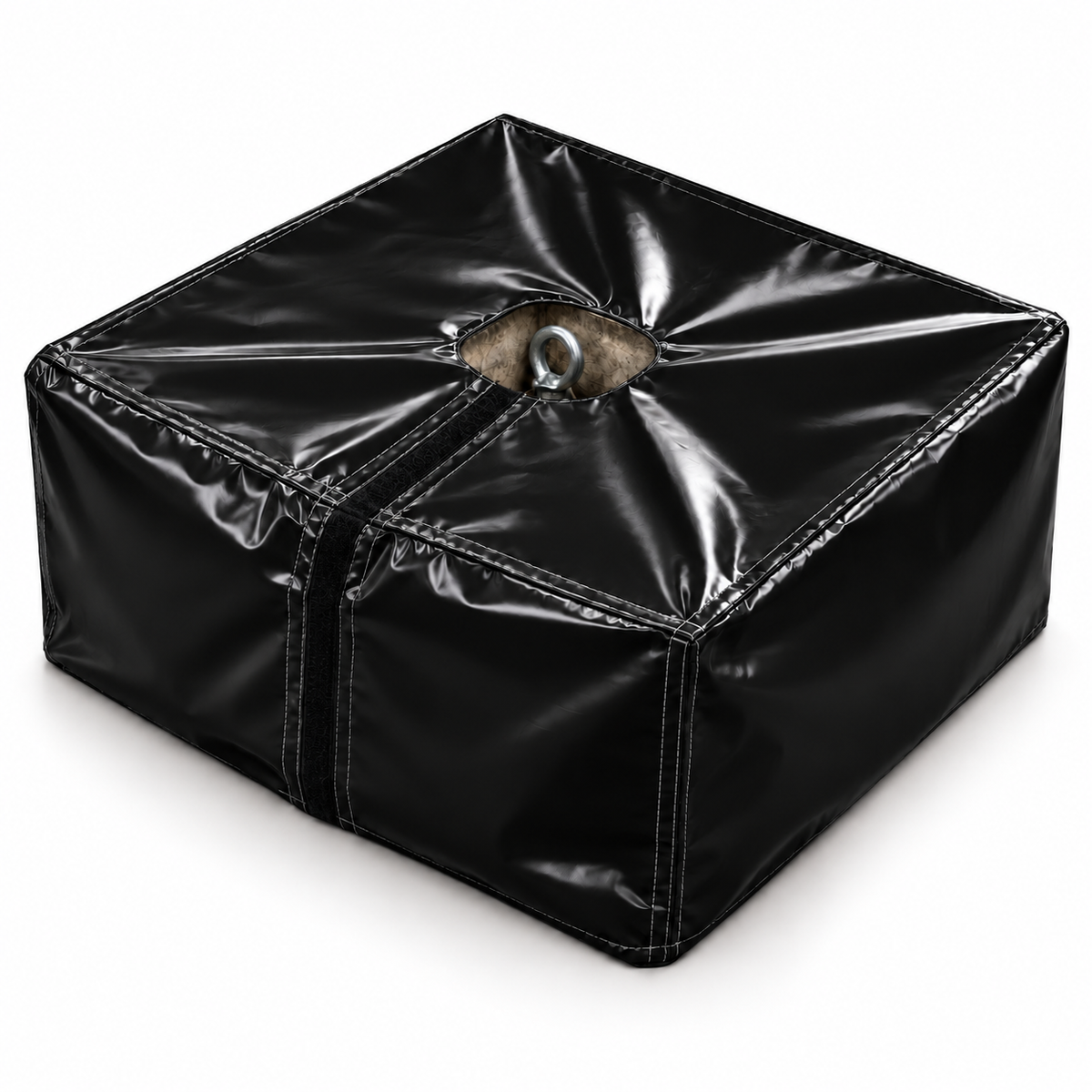 Housse PVC noire sur bloc de lest en béton, avec ouverture pour l'anneau de levage