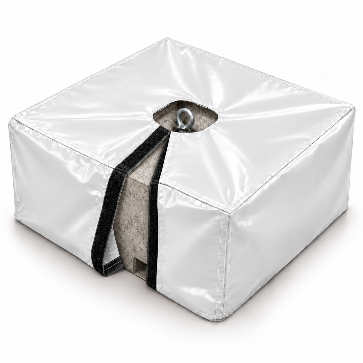 Housse PVC blanche pour bloc de lest, fermeture auto-agrippante ouverte