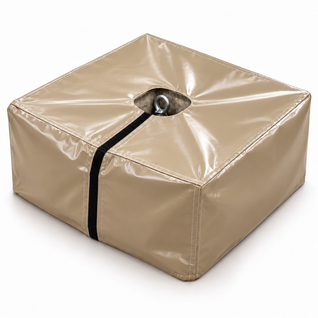 Housse PVC beige sur bloc de lest en béton, avec ouverture pour l'anneau de levage