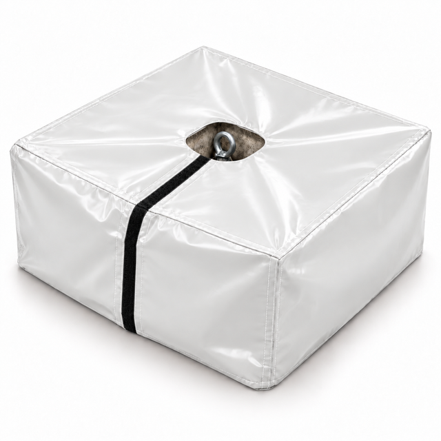 Housse PVC sur mesure sur un bloc de lest, avec ouverture pour l'anneau de levage